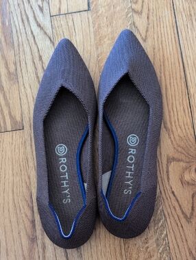 Rothy's Brown Pointed Knit Flats with Blue Trim